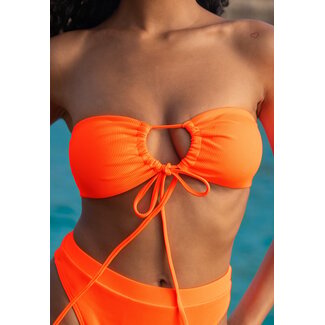 Neonorangefarbenes Bandeau-Bikini-Oberteil mit Knopfleiste