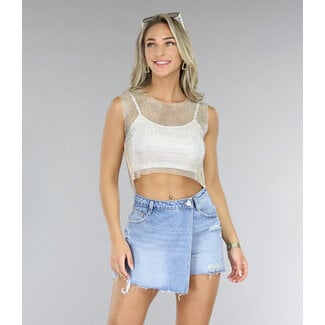 Beigefarbenes Fischnetz-Glitzer-Tank-Top