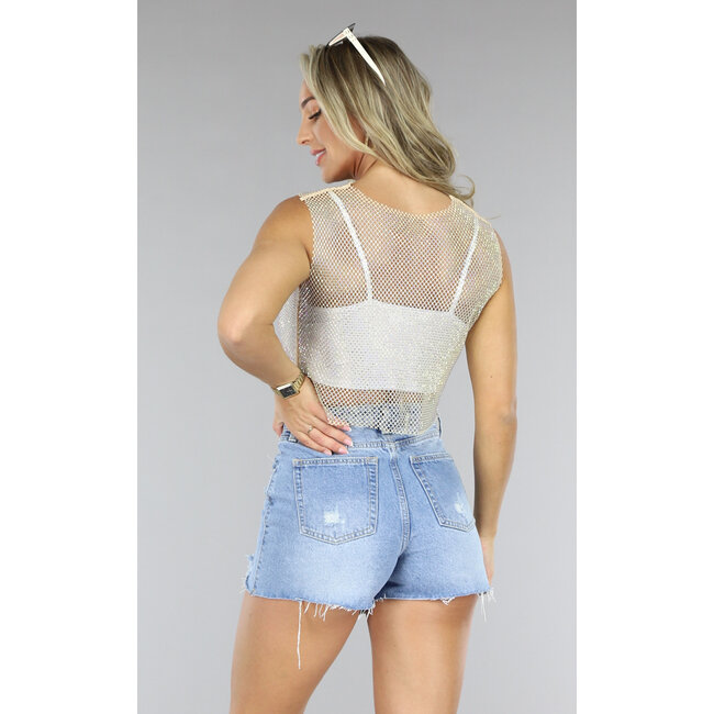 Beigefarbenes Fischnetz-Glitzer-Tank-Top