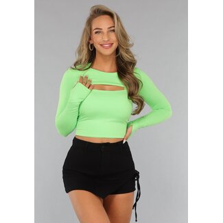 NEW3107 Grünes langärmeliges Stretch-Crop-Top