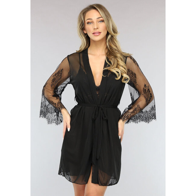 Schwarzes dreiteiliges Spitzen-Slipkleid-Set
