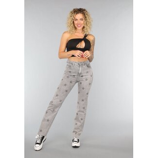 Graue Straight Leg Jeans mit Strasssternen