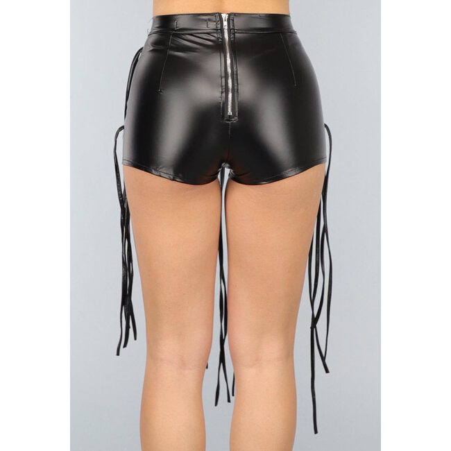 Schwarze Fransen-Shorts in Lederoptik mit Reißverschluss