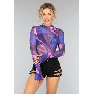 Lila langärmeliges Mesh-Top mit Schlitz