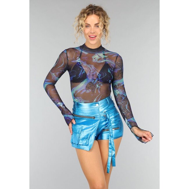 Langärmeliges Top aus blauem Mesh-Marmor