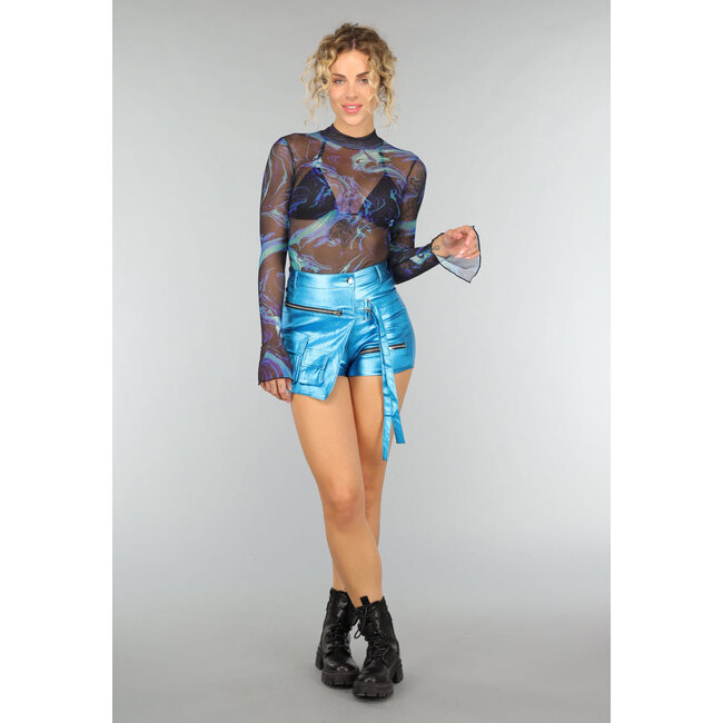 Langärmeliges Top aus blauem Mesh-Marmor