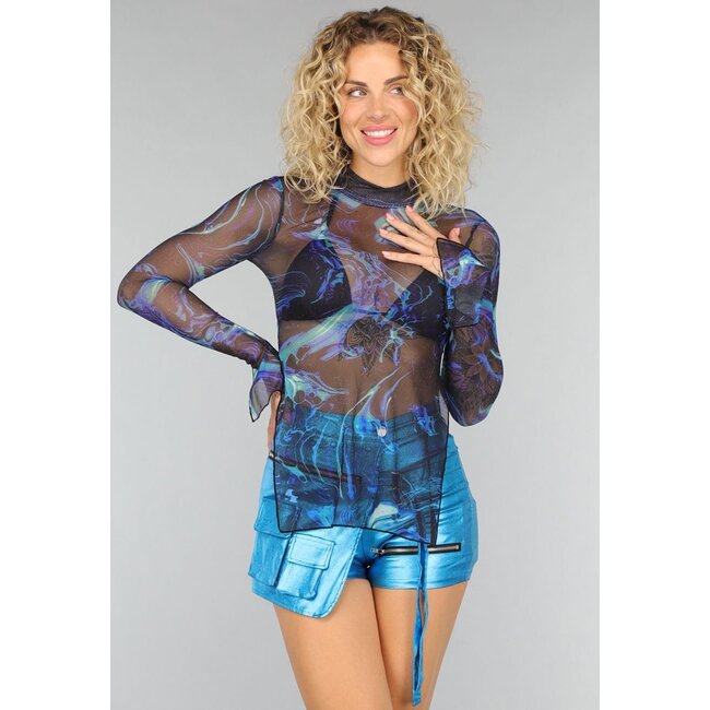 Langärmeliges Top aus blauem Mesh-Marmor