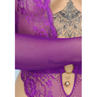 Lila Spitzen-Dessous-Set mit Handschuhen