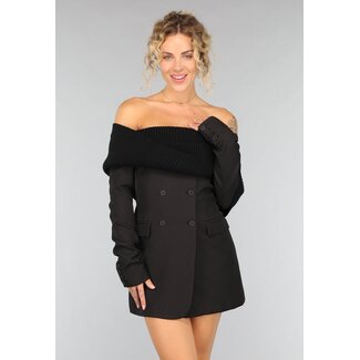 Schwarzes schulterfreies Blazerkleid aus Strick