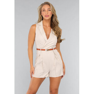 NEW2808 Beigefarbener Playsuit mit V-Ausschnitt