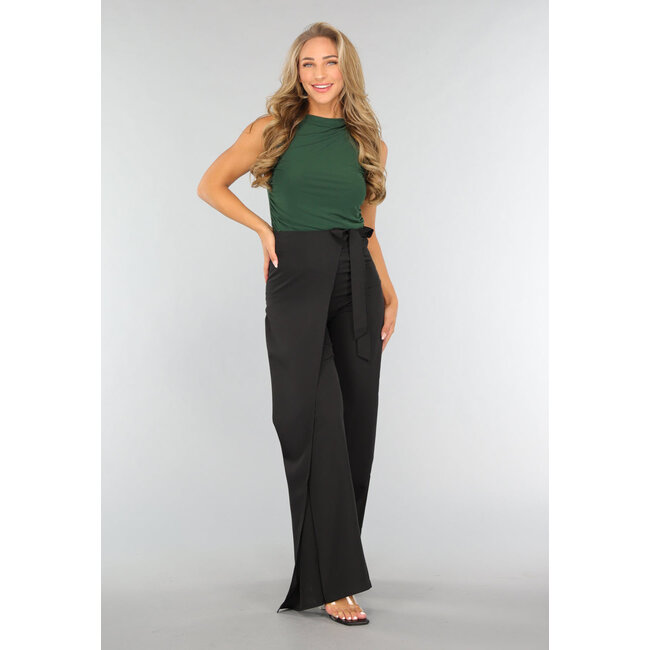 Schwarze Overslag-Hose mit weitem Bein