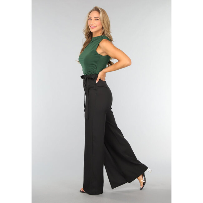 Schwarze Overslag-Hose mit weitem Bein und Schleifendetail
