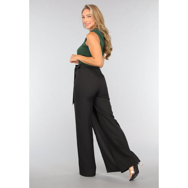 Schwarze Overslag-Hose mit weitem Bein und Schleifendetail