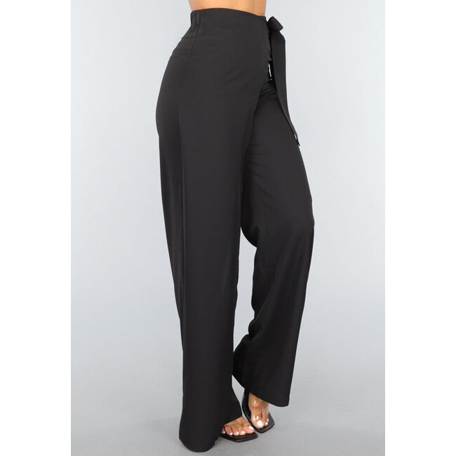 Schwarze Overslag-Hose mit weitem Bein und Schleifendetail