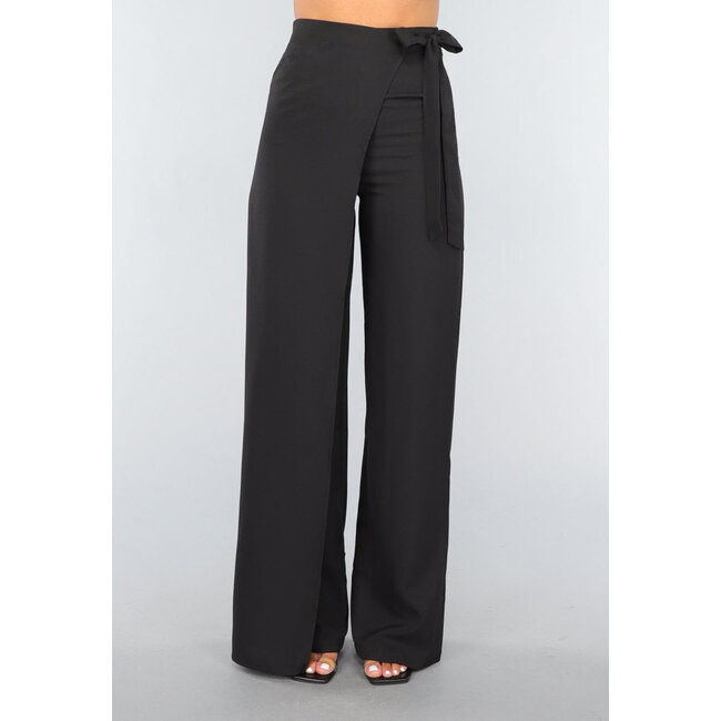 Schwarze Overslag-Hose mit weitem Bein und Schleifendetail