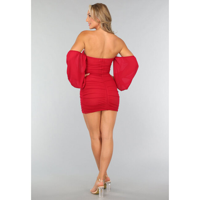 Rotes plissiertes schulterfreies Mesh-Kleid mit Puffärmeln