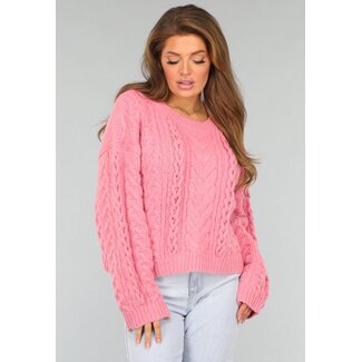 NEW0409 Warmer rosa Pullover mit Zopfmuster