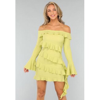 Limettengrünes schulterfreies Kleid mit Rüschen