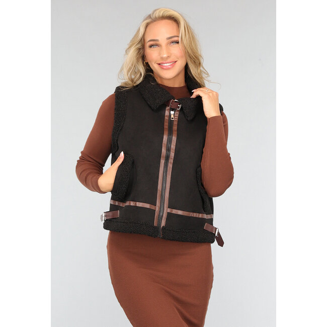 Schwarzes Teddy-Gilet mit Schnallen-Details