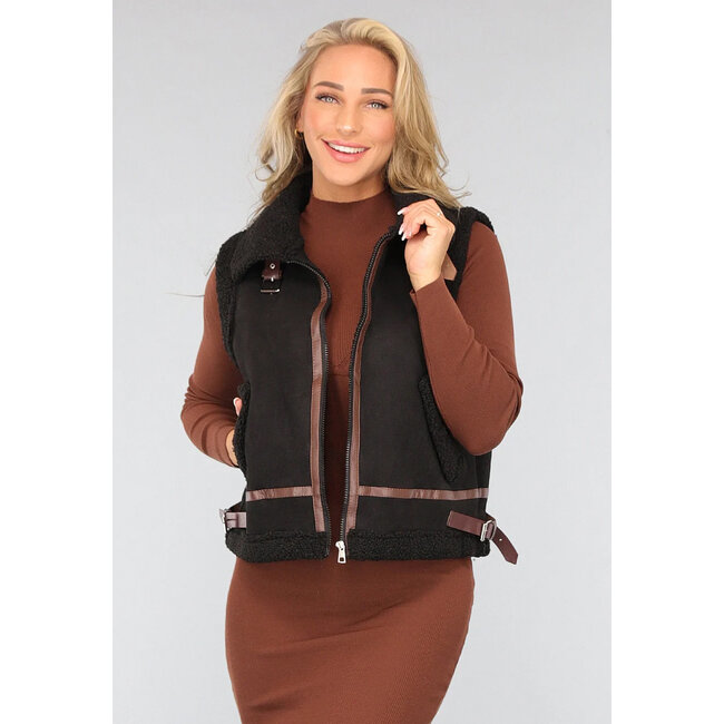 Schwarzes Teddy-Gilet mit Schnallen-Details