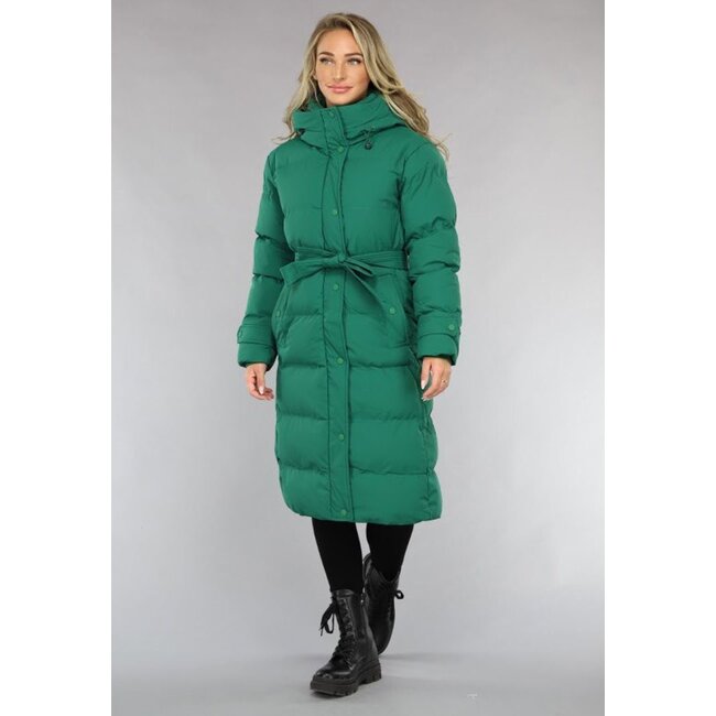 Grüne lange wattierte Winterjacke mit Bund