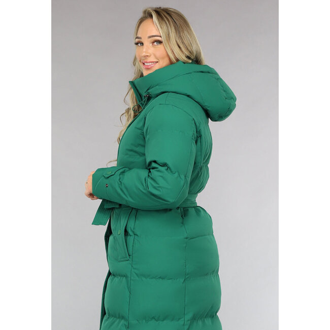 Grüne lange wattierte Winterjacke mit Bund