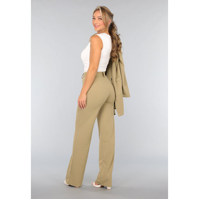 Khakifarbene Stretch-Hose mit hoher Taille