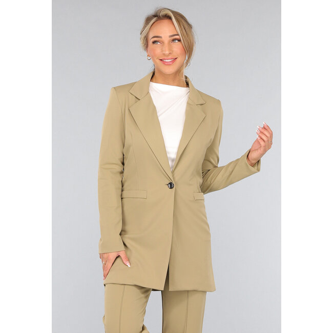 Khakifarbener Stretch-Blazer mit Schulterpolstern