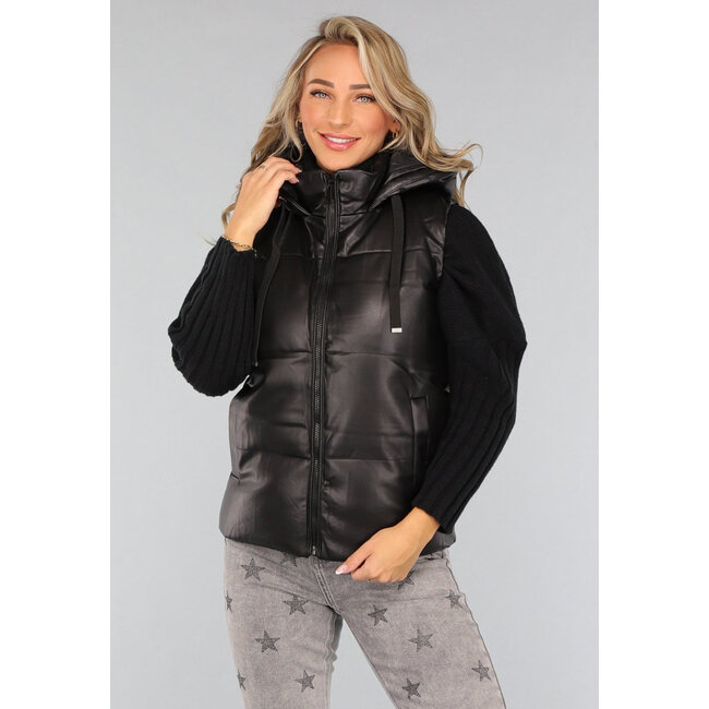 Schwarze Bodywarmer in Lederoptik mit Kapuze