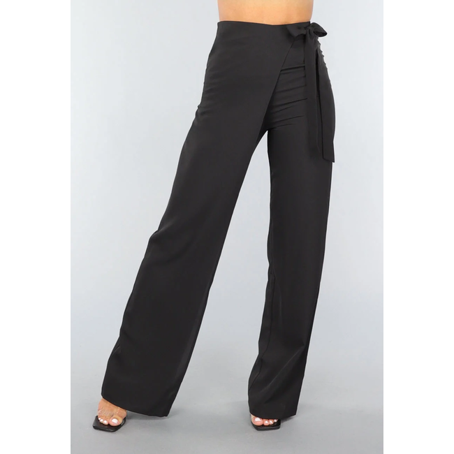 Schwarze Overslag-Hose mit weitem Bein und Schleifendetail