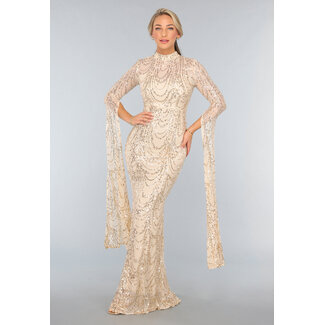 Champagnerfarbenes, paillettenbesetztes Gala-Kleid mit Ärmel-Detail