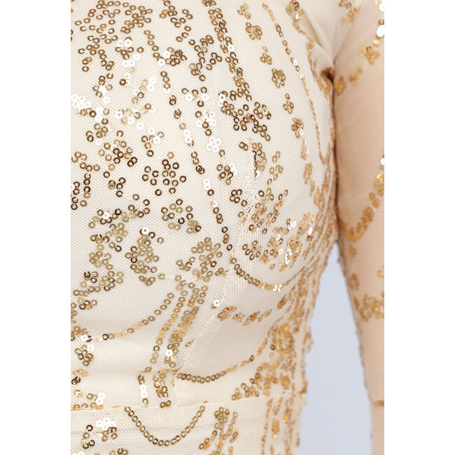 Champagnerfarbenes, paillettenbesetztes Gala-Kleid mit Ärmel-Detail