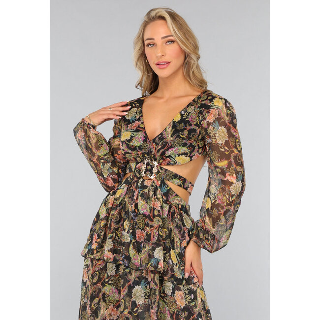 Langes Rüschenkleid mit Paisley-Print und Ausschnitten