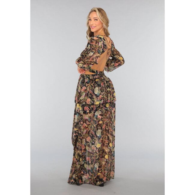 Langes Rüschenkleid mit Paisley-Print und Ausschnitten