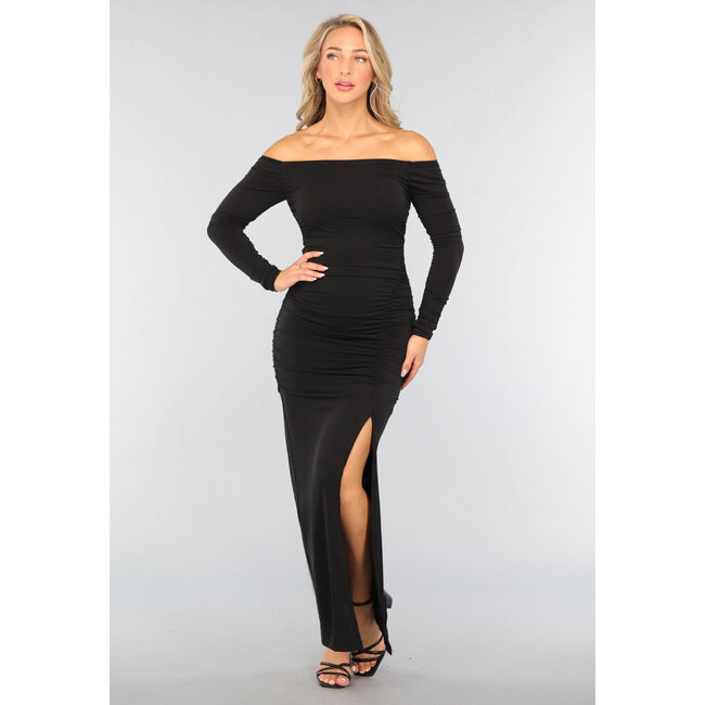 Langes, plissiertes schwarzes Bodycon-Kleid