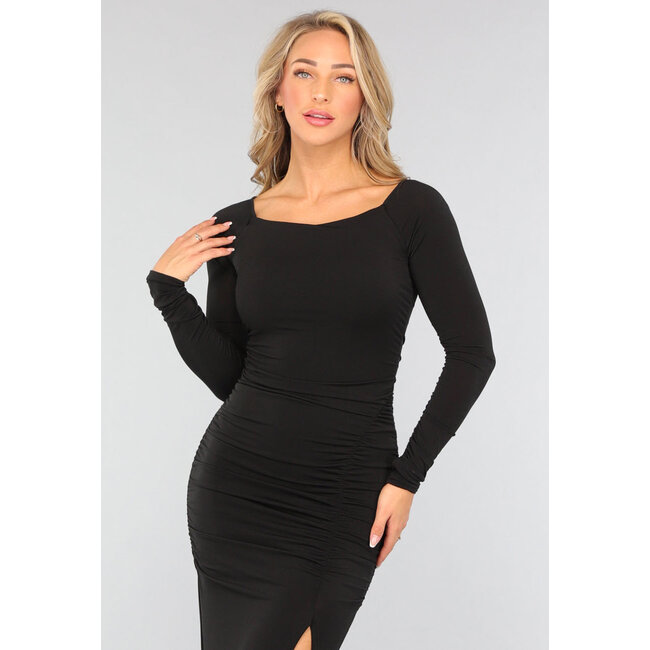 Langes, plissiertes schwarzes Bodycon-Kleid