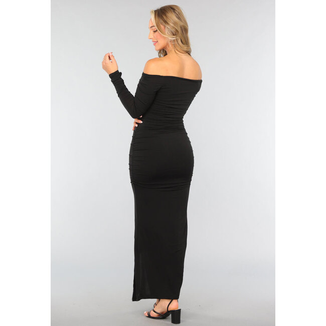 Langes, plissiertes schwarzes Bodycon-Kleid