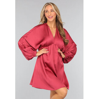 Satin Dress with Puff Sleeves in Red
