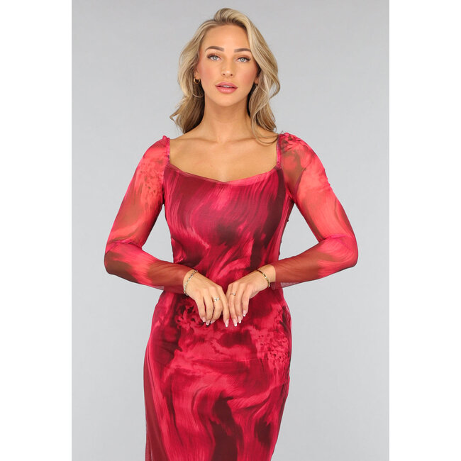 Rotes langärmeliges Netzkleid mit Marmordruck