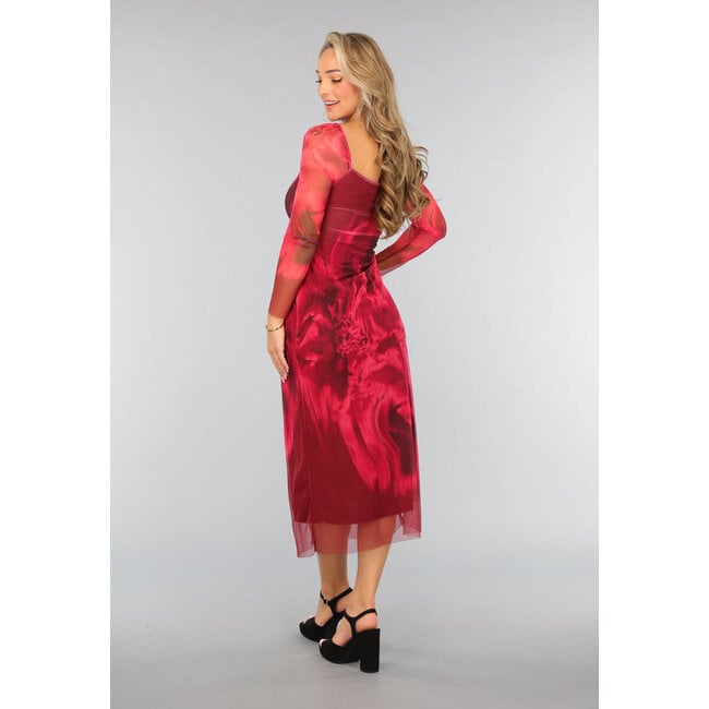 Rotes langärmeliges Netzkleid mit Marmordruck