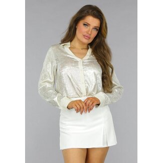Beigefarbene Metallic-Bluse mit Perlmuttknöpfen