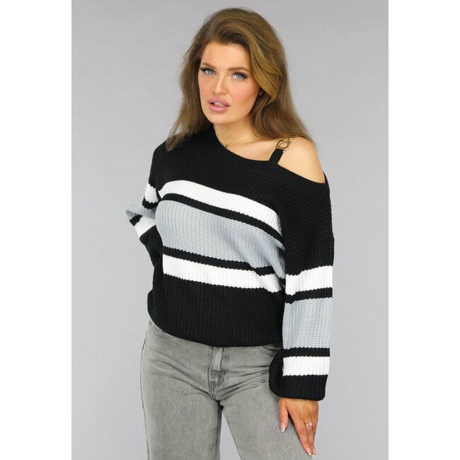 Gestrickter gestreifter One-Shoulder-Pullover