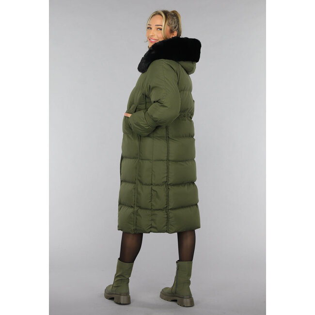 Dunkelgrüne Oversized-Pufferjacke mit Pelzkragen
