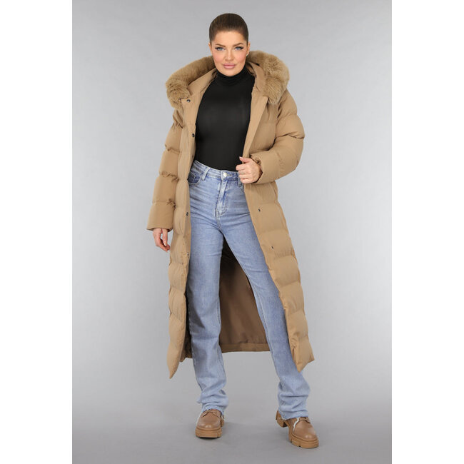 Langer Camel Wintermantel mit Kapuze