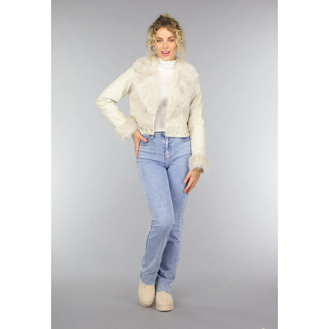 Kurze Beige Kunstpelzjacke