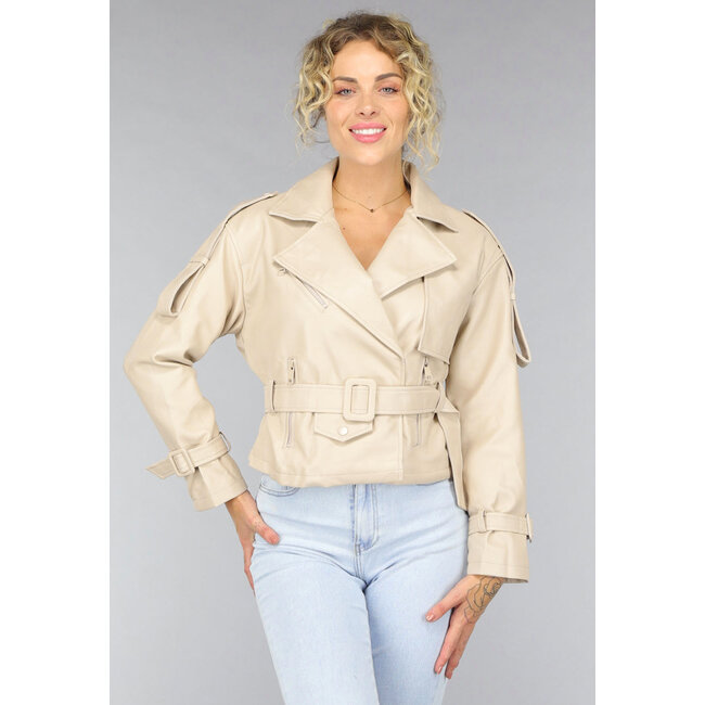 Beigefarbene Jacke in Lederoptik mit Riemen
