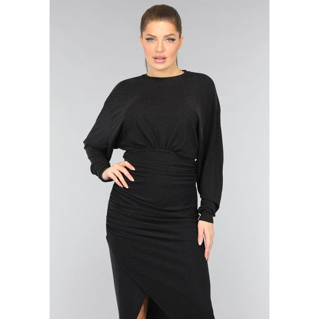 Langes schwarzes plissiertes Glitzerkleid mit Strass