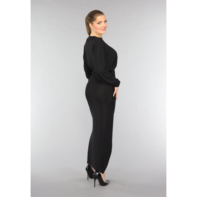 Langes schwarzes plissiertes Glitzerkleid mit Strass