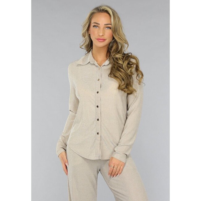 Beige Glitzerbluse mit langen Ärmeln