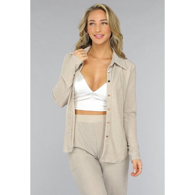 Beige Glitzerbluse mit langen Ärmeln